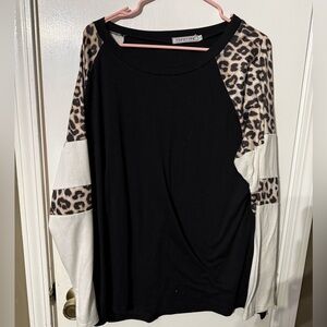Women’s long sleeve white black and leopard shirt, size 2XL